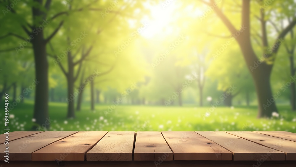 Serene spring park scene wooden table in soft sunlight peaceful nature background perfect for Serene spring park scene wooden table in soft sunlight peaceful nature background perfect for