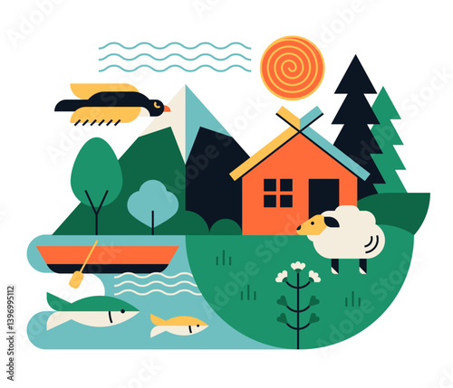 Eco village - colorful flat design style illustration
