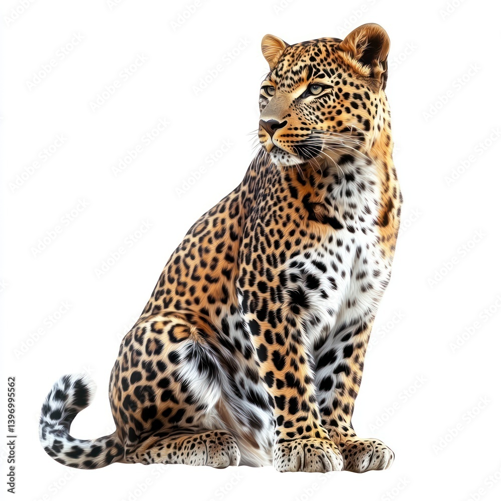Obraz premium Leopard sitting looking right, wildlife portrait for nature articles, isolated white background