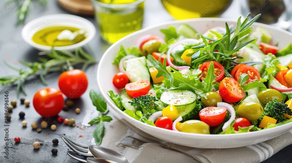 An inviting Olivier salad is attractively presented. The Olivier salad, a classic Russian dish, consists of a colorful medley of ingredients An inviting Olivier salad is attractively presented. The Olivier salad, a classic Russian dish, consists of a colorful medley of ingredients