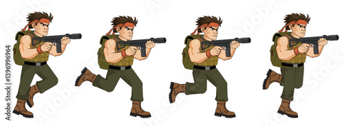 Running commando character. Dynamic Cartoon Soldier Running with Gun, Action-Packed Animation Sequence