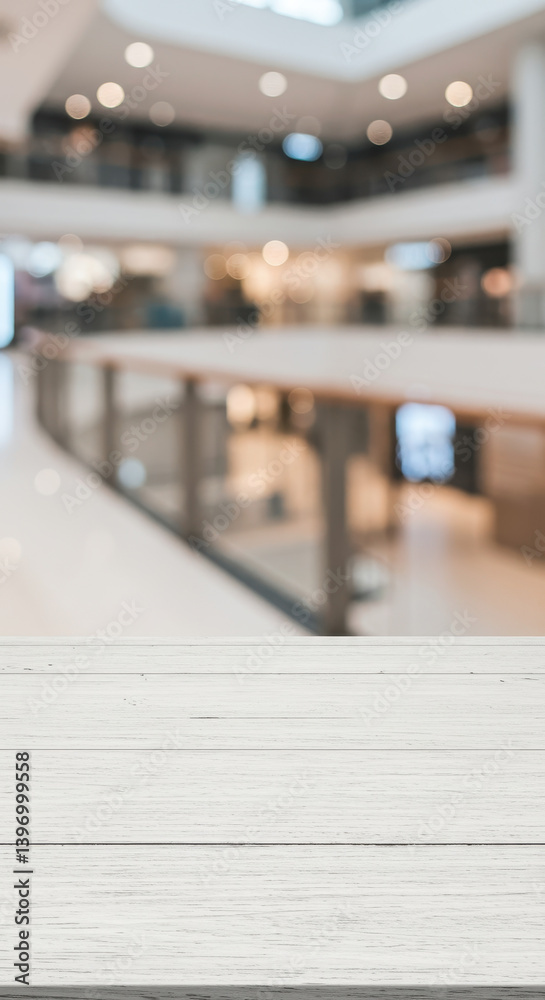 Obraz premium White Wood Tabletop & Blurred Mall Background: Showcase Your Products! Bright, Modern, and Ready for Your Creative Touch.