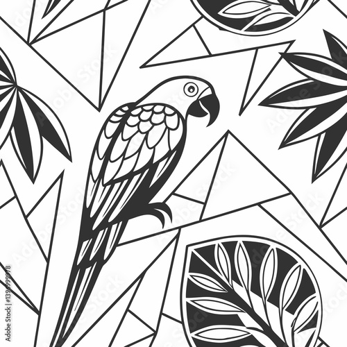Vector seamless pattern of a parrot among abstract leaves  