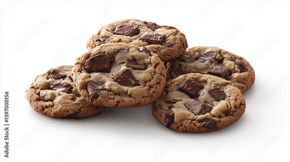 Pile of Chocolate Chip Cookies on a White Background close up view Pile of Chocolate Chip Cookies on a White Background close up view