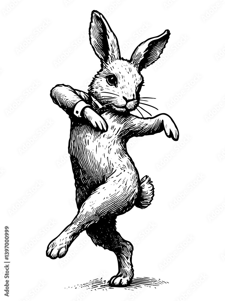 Naklejka premium Easter bunny joyful rabbit dancing in spring flowers, drawn in an engraved, woodcut style sketch engraving generative ai PNG. Scratch board. Black and white image.