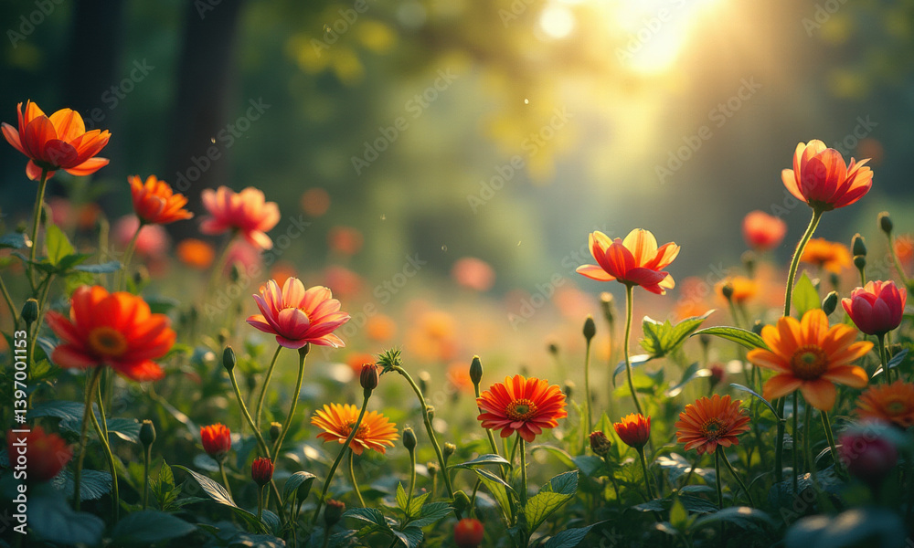 Fototapeta premium Sunset Flower Field, Orange Blooms - Golden Hour Photography
