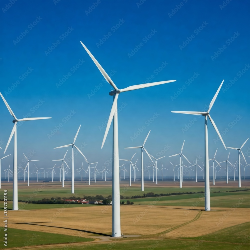 Wind turbines generating clean energy in a large wind farm under a clear blue sky Wind turbines generating clean energy in a large wind farm under a clear blue sky