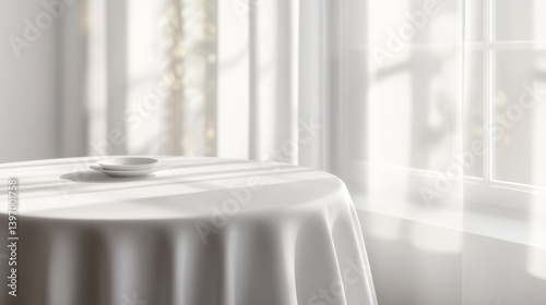 Bank white table cloth mock up set, clipping path, 3d rendering. Clear tablecloth design mockup isolated. Fabric space satin on desk template. Kitchen table clean textile overlay. Setting cafe table.