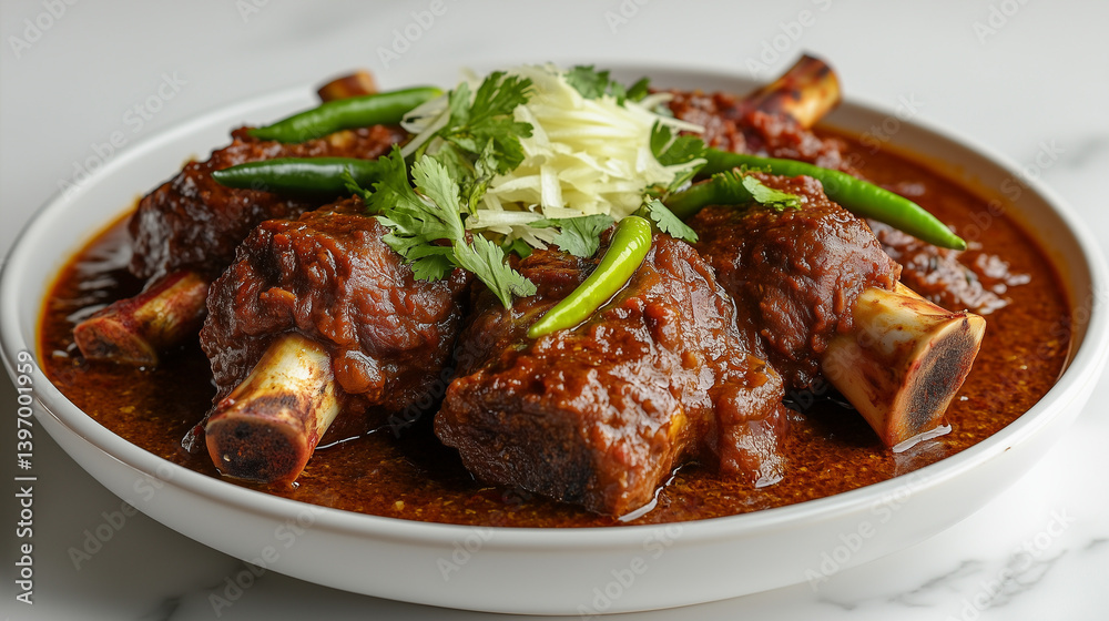 Spicy Bonein Meat with Gravy Topped with Green Chilies and Herbs in White Bowl Spicy Bonein Meat with Gravy Topped with Green Chilies and Herbs in White Bowl