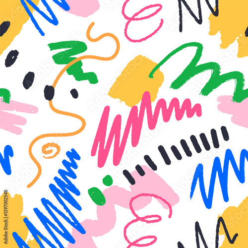 Scribble pattern, seamless doodle background. Abstract texture, repeating print design with squiggles, brushstroke drawings, random lines, creative sketch elements. Hand-drawn vector illustration