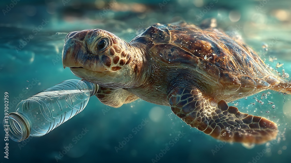 Fototapeta premium Sea Turtle Entangled in Plastic Bottle Pollution Ocean Wildlife Conservation