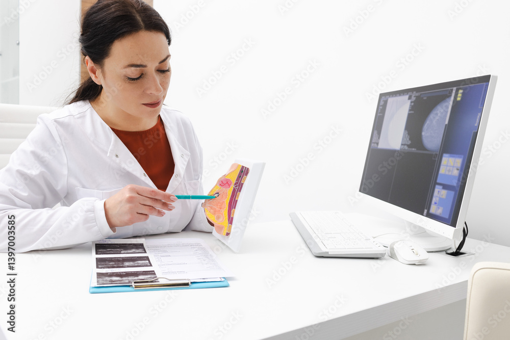 Doctor showing breast tumor or cancer on anatomical model of breast for women's awareness of prevention and treatment of breast diseases. Mammalogy, mammography Doctor showing breast tumor or cancer on anatomical model of breast for women's awareness of prevention and treatment of breast diseases. Mammalogy, mammography