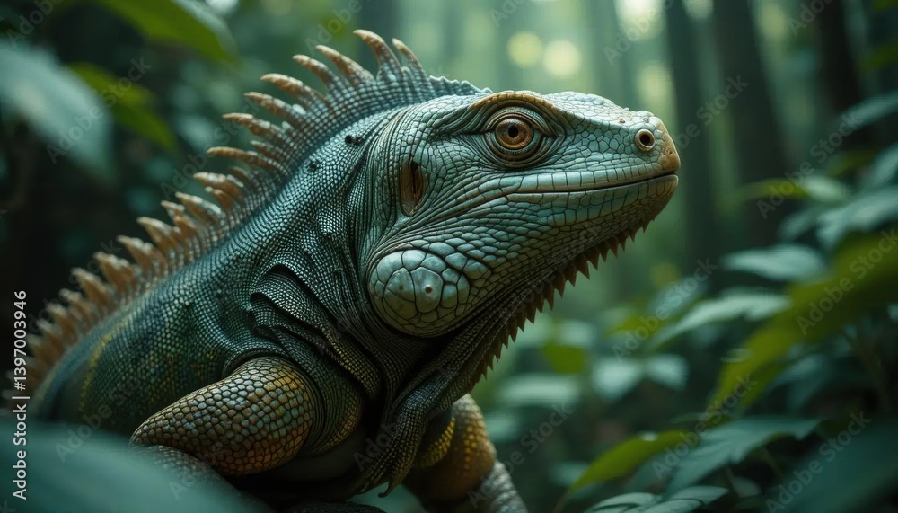 Fototapeta premium Mystic Iguana: Teal Scales & Emerald Jungle