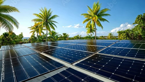 Solar panels on a tropical roof with palm trees