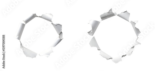 Two Circular Holes Torn in White Paper Showing Irregular Edges and Texture transparent background Generative AI