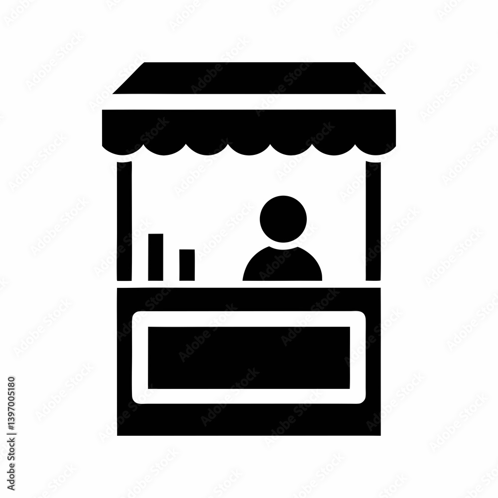 Black And White Icon Of Vendor Stall With Abstract Person Selling Goods Black And White Icon Of Vendor Stall With Abstract Person Selling Goods