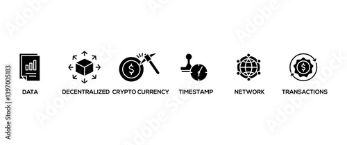 Blockchain banner web icon vector illustration concept with icon of data, decentralized, crypto currency, timestamp, network and transactions
