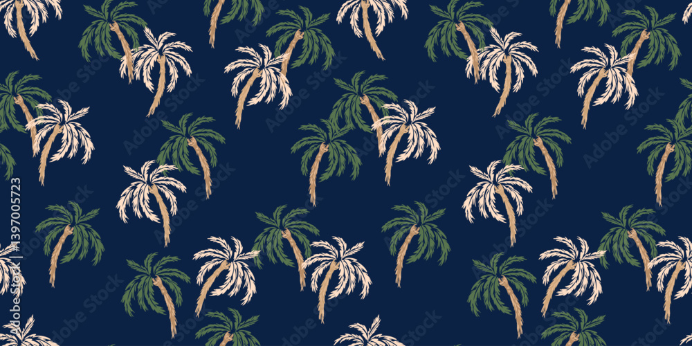 Seamless tropical palm tree vector pattern with a deep navy background. The design features lush green and beige palm leaves, creating a bold, exotic, and stylish look for summer fashion, textiles Seamless tropical palm tree vector pattern with a deep navy background. The design features lush green and beige palm leaves, creating a bold, exotic, and stylish look for summer fashion, textiles
