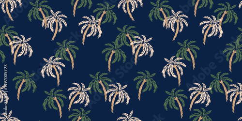 Wallpaper Mural Seamless tropical palm tree vector pattern with a deep navy background. The design features lush green and beige palm leaves, creating a bold, exotic, and stylish look for summer fashion, textiles Torontodigital.ca