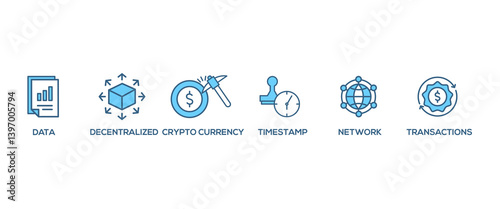 Blockchain banner web icon vector illustration concept with icon of data, decentralized, crypto currency, timestamp, network and transactions
