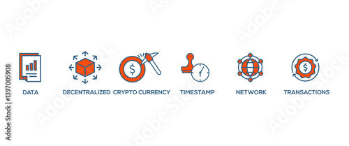 Blockchain banner web icon vector illustration concept with icon of data, decentralized, crypto currency, timestamp, network and transactions
