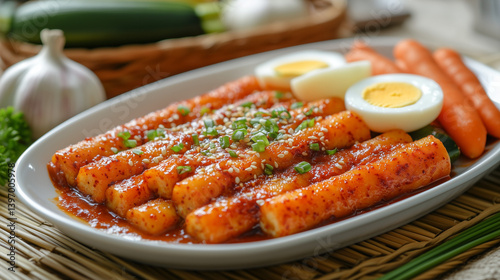 Tteokbokki Rice Cakes with Carrots & Eggs on Plate, Garnish With Sesame Seed