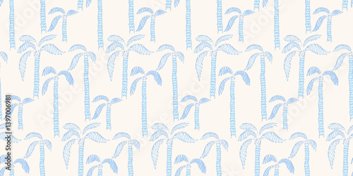 Seamless vector pattern with stylized blue palm trees on a white background. Tropical, modern, and elegance pastel design, ideal for summer fashion, beachwear, textiles, wallpapers