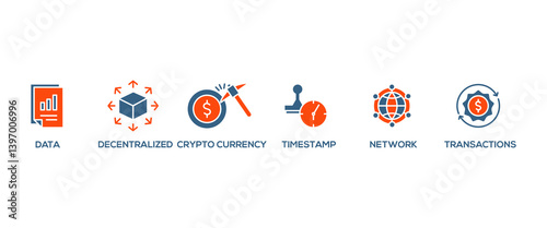 Blockchain banner web icon vector illustration concept with icon of data, decentralized, crypto currency, timestamp, network and transactions
