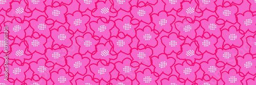 Seamless floral vector pattern with delicate red line art flowers and white dotted centers on a bright pink background. Minimalist and elegant for textiles, stationery, wallpapers, packaging, branding