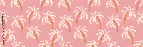 Seamless tropical vector pattern featuring hand drawn palm trees in soft tones on a pastel pink background. Perfect for summer textiles, beachwear, wallpaper, or exotic themed branding
