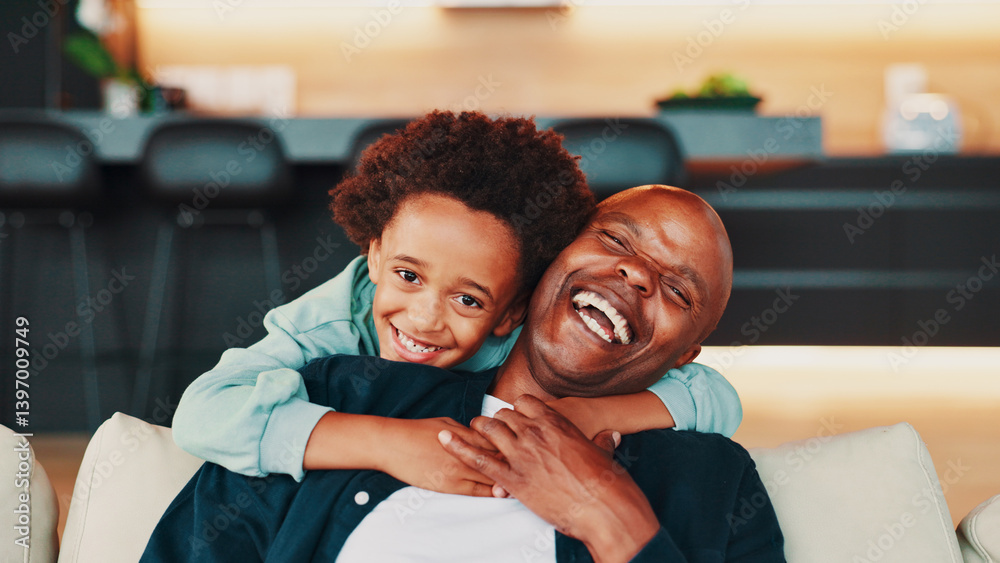 Φωτογραφία Portrait, hug and father with son, funny and bonding together with joke in living room