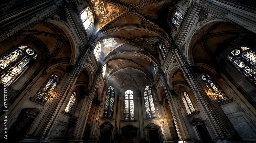 Sunbeams Illuminate the Majestic Interior of an Abandoned Church with Stained Glass Windows