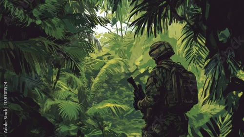 Soldier in tropical forest with military equipment illustration