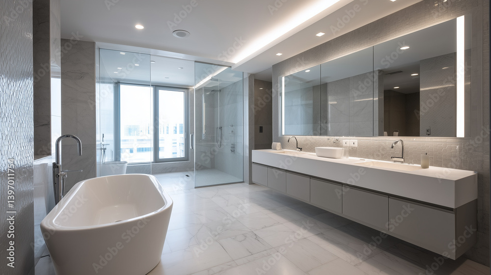 Indulge in a Spacious Bathroom Featuring a Soaking Tub and a Grand Reflective Large Mirror Indulge in a Spacious Bathroom Featuring a Soaking Tub and a Grand Reflective Large Mirror