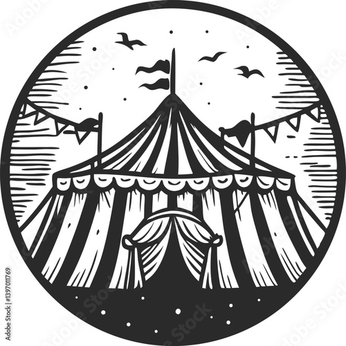 Vintage Circus Tent Illustration – Retro Engraved Big Top Drawing