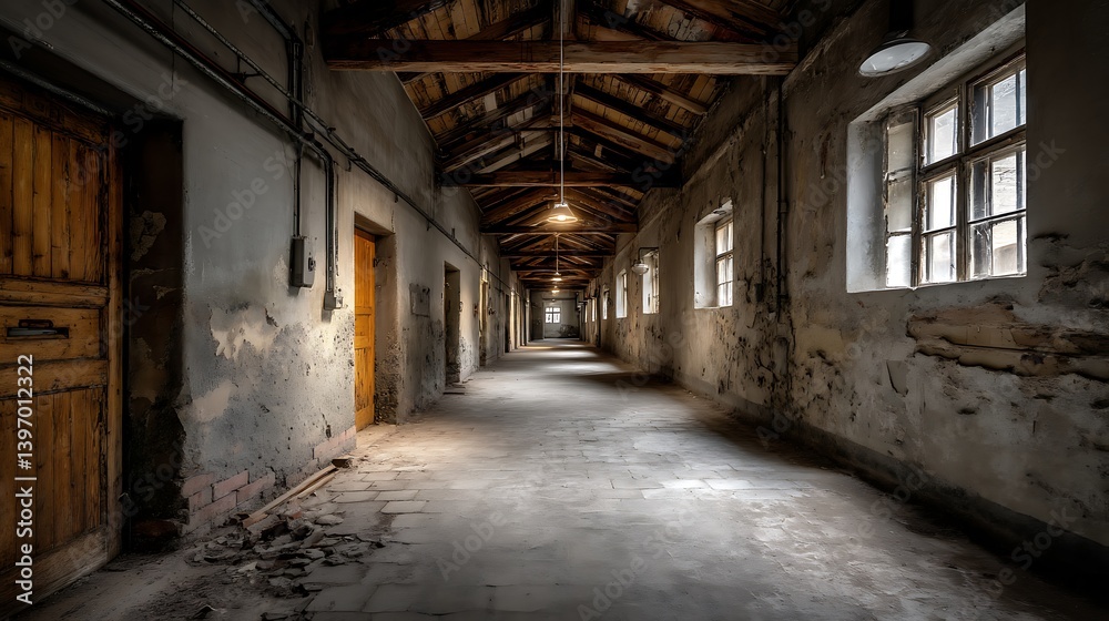 Long Abandoned Corridor in Old BuildingDecaying Walls and Wooden Doors Long Abandoned Corridor in Old BuildingDecaying Walls and Wooden Doors