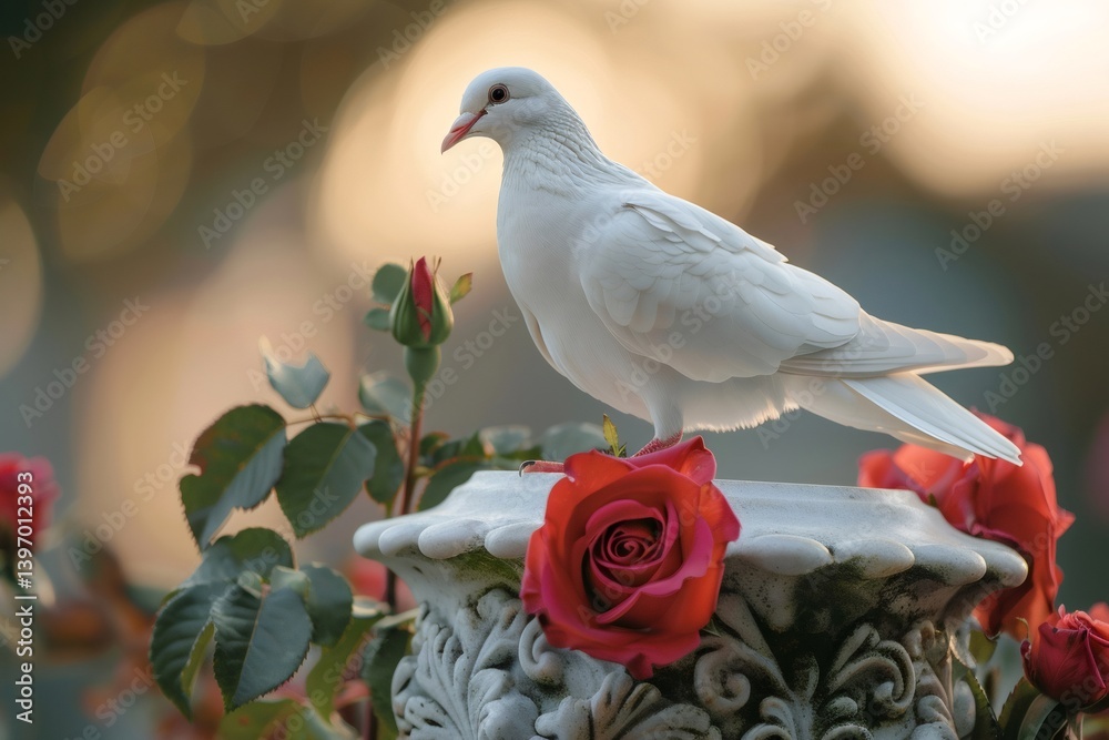 White dove standing on ornate pedestal with red roses White dove standing on ornate pedestal with red roses