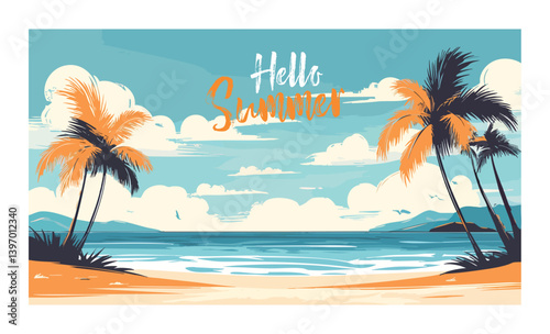 Hello Summer Tropical Beach Vector Illustration