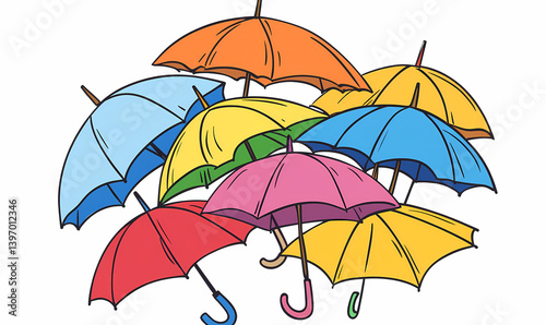 A heap of colorful umbrellas outlined in 2D creates playful artistic visuals that delight observers