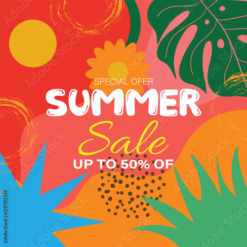 Summer Sale Banner with Tropical Leaves and Bright Colors