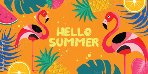 Hello Summer, Illustration With Flamingos and Tropical Fruits