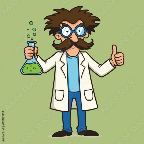 Cartoon mad scientist with flask experiment thumbs up vector illustration science chemistry lab coat drawing