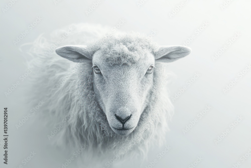 Fototapeta premium Serene white sheep portrait, foggy background, peaceful farm animal, ideal for nature or agriculture themes