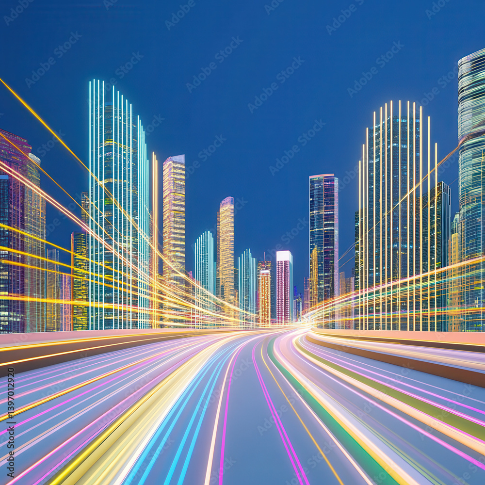 Fototapeta premium Vibrant City Skyline at Night with Dynamic Light Trails in Motion