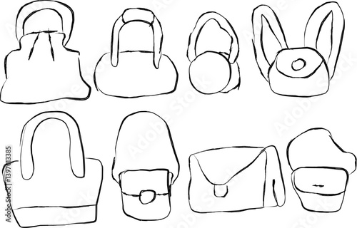 Collection of Women Bag icons in doodle style. Including backpack, bucket, mini, tote, saddle bag and more. hand drawn doodle icon collection