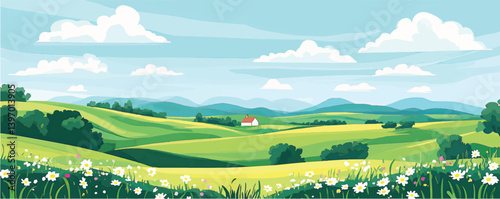 Scenic Countryside Landscape with Green Fields and White Flowers