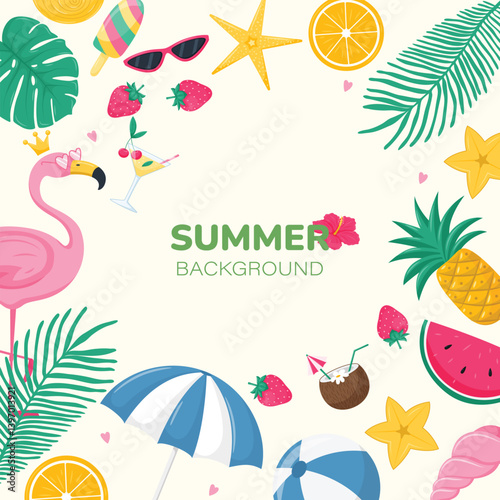 Summer Background with Cartoon Tropical Elements. Colorful Summer Vector Illustration.