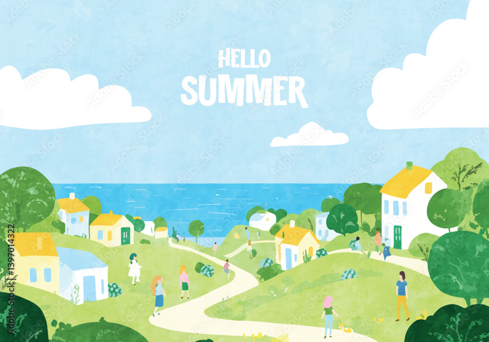 Hello Summer Landscape with Houses and People Hello Summer Landscape with Houses and People