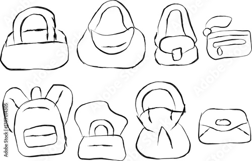 Collection of Women Bag icons in doodle style. Including backpack, bucket, mini, tote, saddle bag and more. hand drawn doodle icon collection