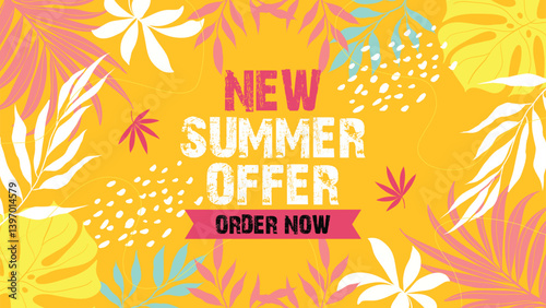New Summer Offer Banner with Tropical Leaves on Yellow Background